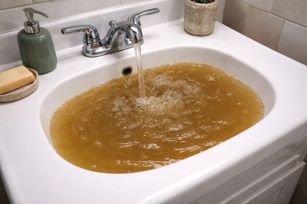 water backing up into sink in bathroom or kitchen