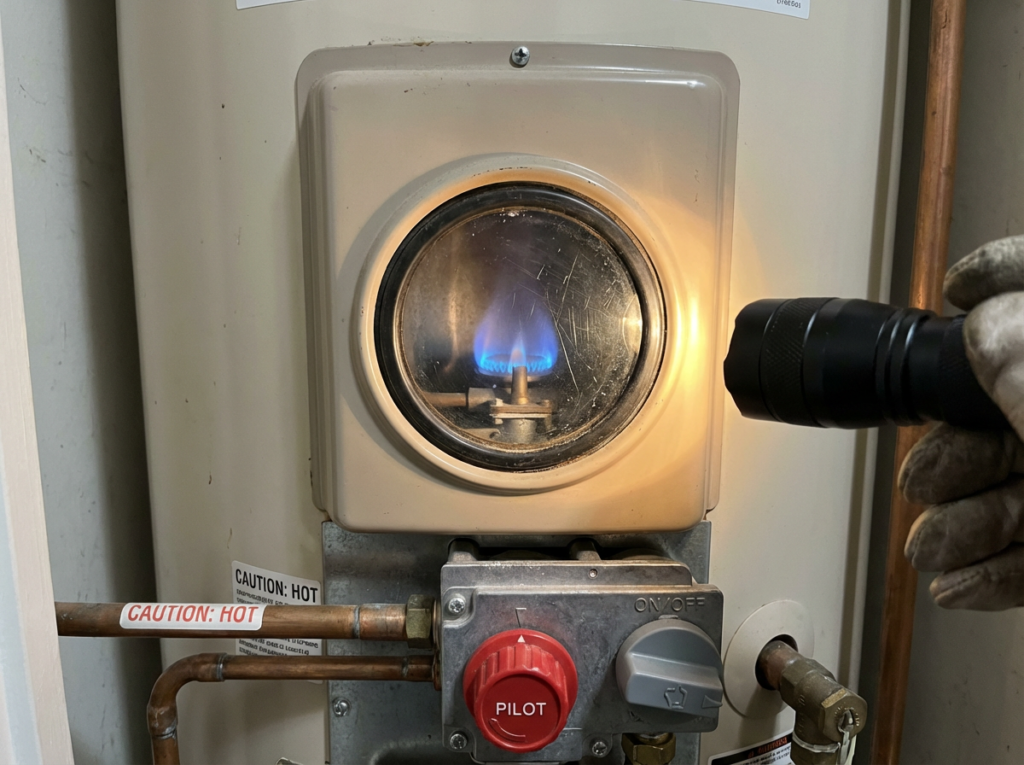 Flashlight Being Held Up To A Lit Gas Water Heater Pilot