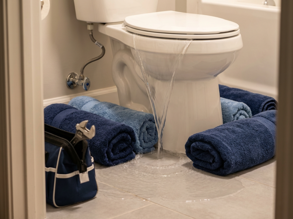 Water Spreading Across A Bathroom Floor From An Overflowing Toilet, With Towels Down And A Shutoff Valve Visible