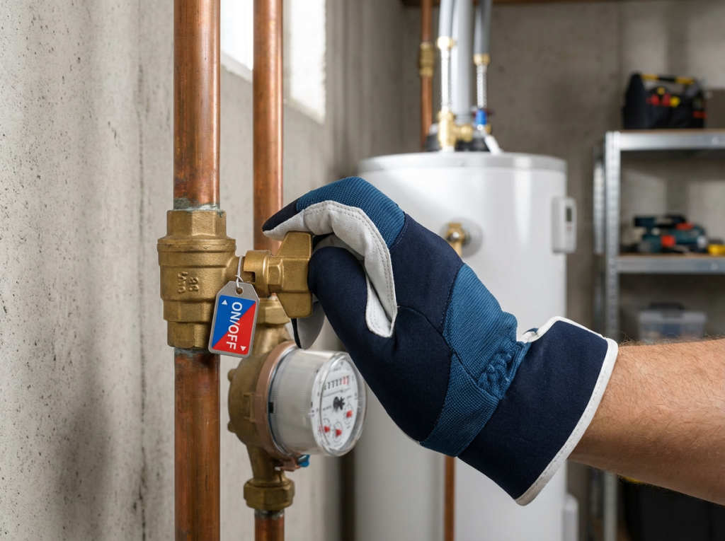 A Close-Up Of A Hand Turning A Home’s Main Water Shutoff Valve, With A Labeled Valve And A Small Emergency Checklist On The Wall.