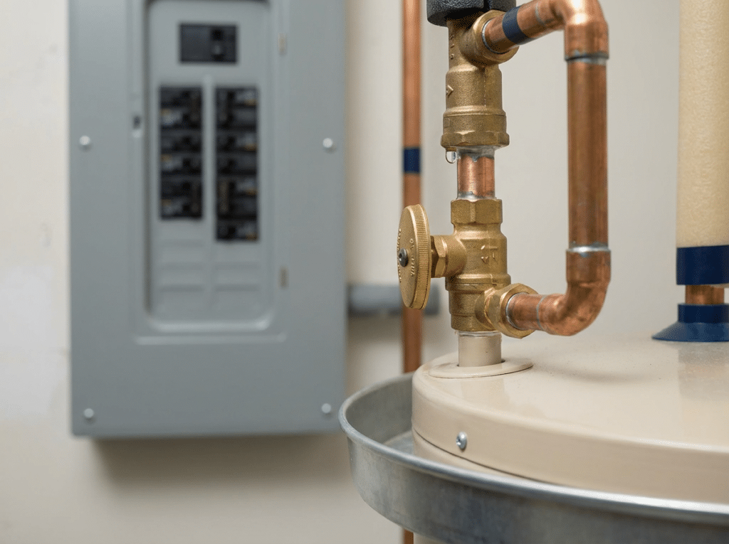 Close-Up Of A Water Heater Cold-Water Shutoff Valve With A Small Drip Visible And An Electrical Breaker Panel Blurred In The Background.