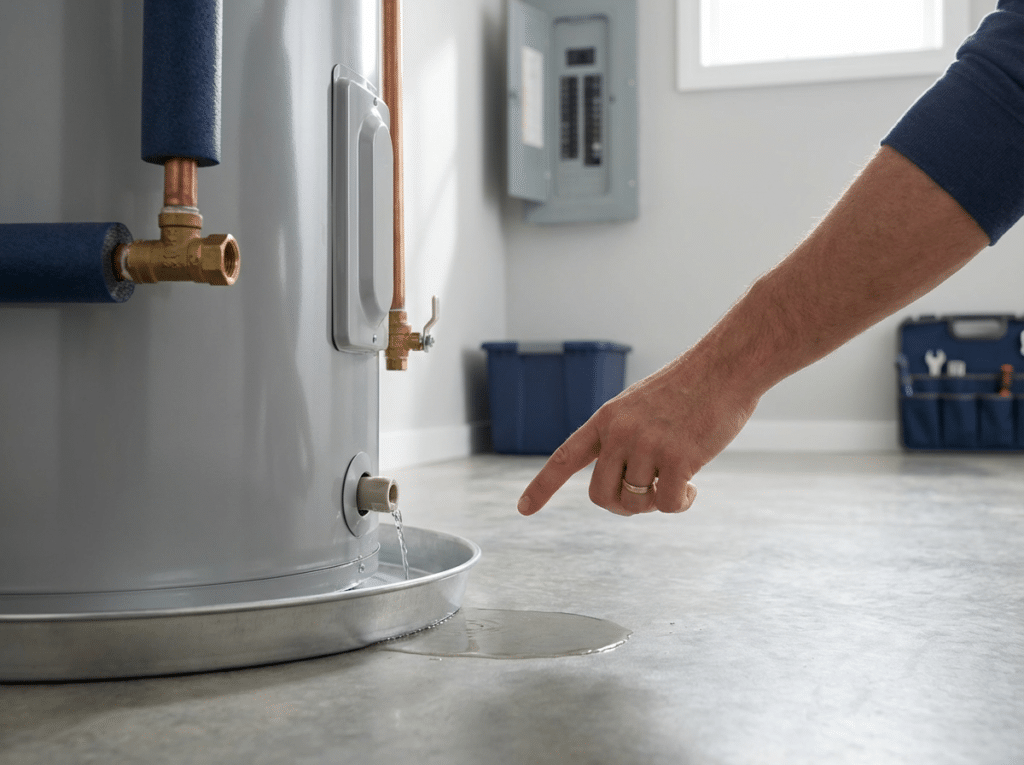 Leaking water heater in a clean basement with a small puddle forming at the base, a drain pan underneath, and a homeowner’s hand pointing toward the leak.