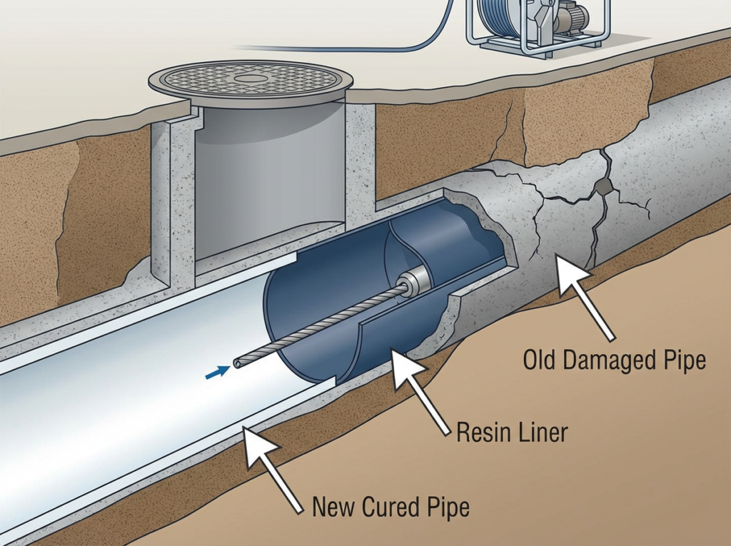 What Is Pipe Lining And When You Should Use It 1 A Technical Cross-Section Diagram Showing How Pipe Lining Works, With The Old Damaged Pipe, The Resin Liner, And The New Cured Pipe Clearly Labeled.