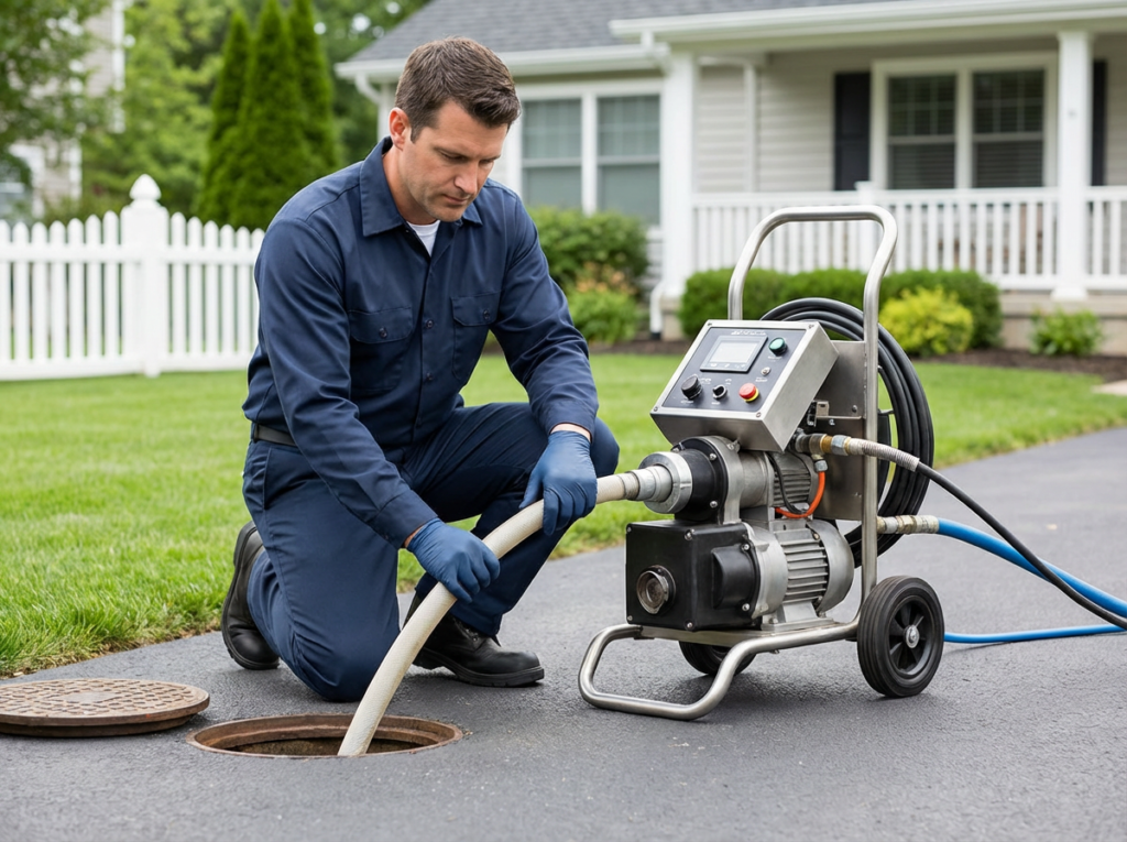 Professional plumber working on pipe lining equipment.