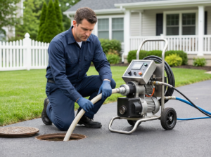 Professional plumber working on pipe lining equipment.