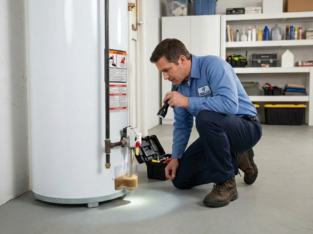 A Residential Water Heater In A Basement With Visible Sediment Buildup At The Base And A Technician Inspecting The Unit With A Flashlight