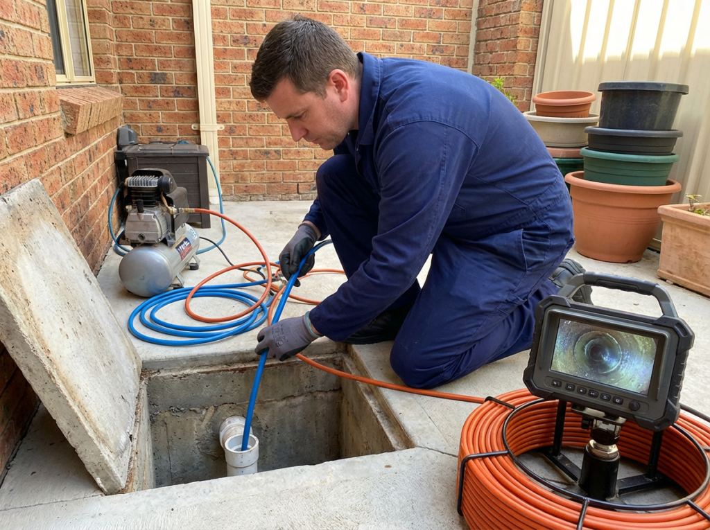 What Is Pipe Lining And When You Should Use It 2 A Professional Scene Showing A Plumber Installing A Pipe Liner At An Access Point, With A Sewer Camera Monitor Visible In The Background.