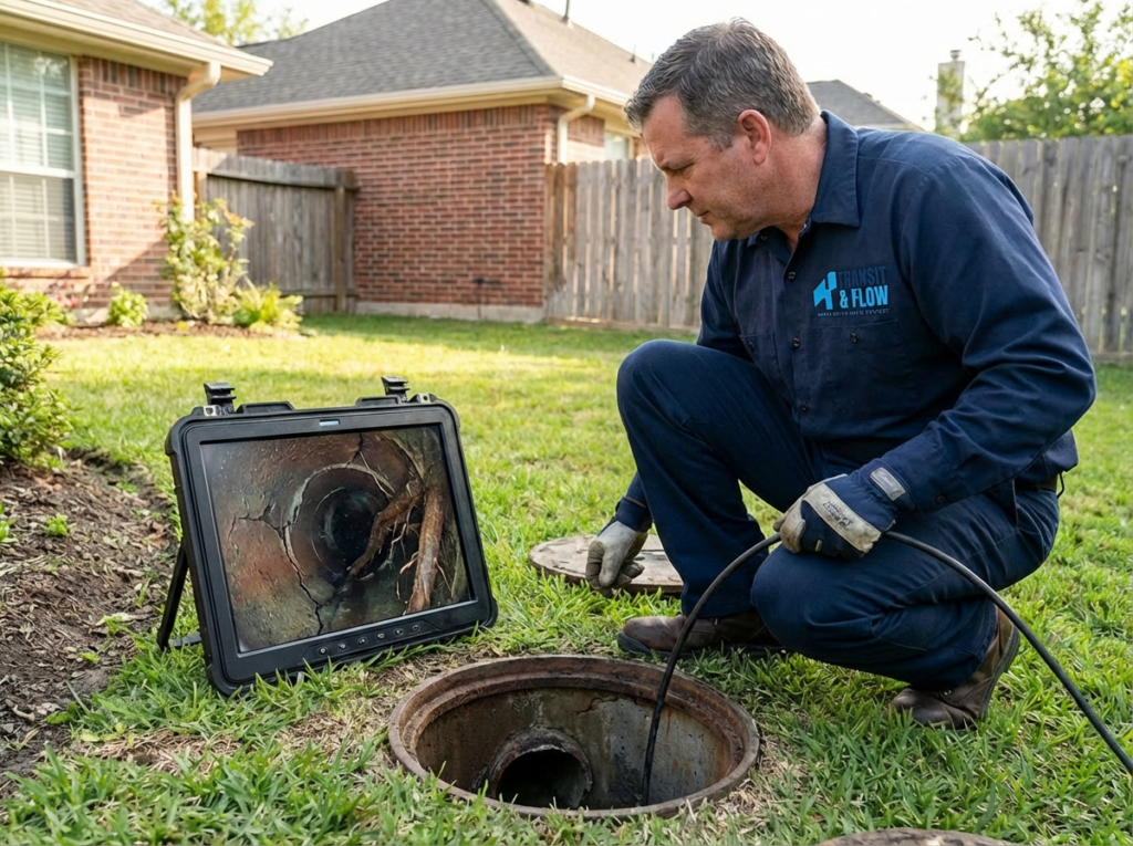 A Close-Up Photo Or Illustration Of A Sewer Camera Monitor Showing A Cracked Clay Pipe With Visible Root Intrusion Inside. A Plumber Is Shown Holding The Camera Equipment At A Cleanout Access Point In A Residential Yard.