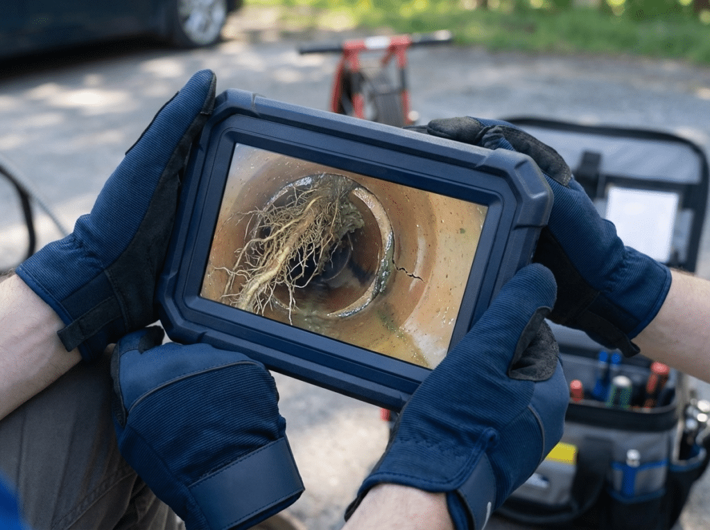 Close-Up Of The Sewer Camera Monitor Showing Root Intrusion And A Small Crack