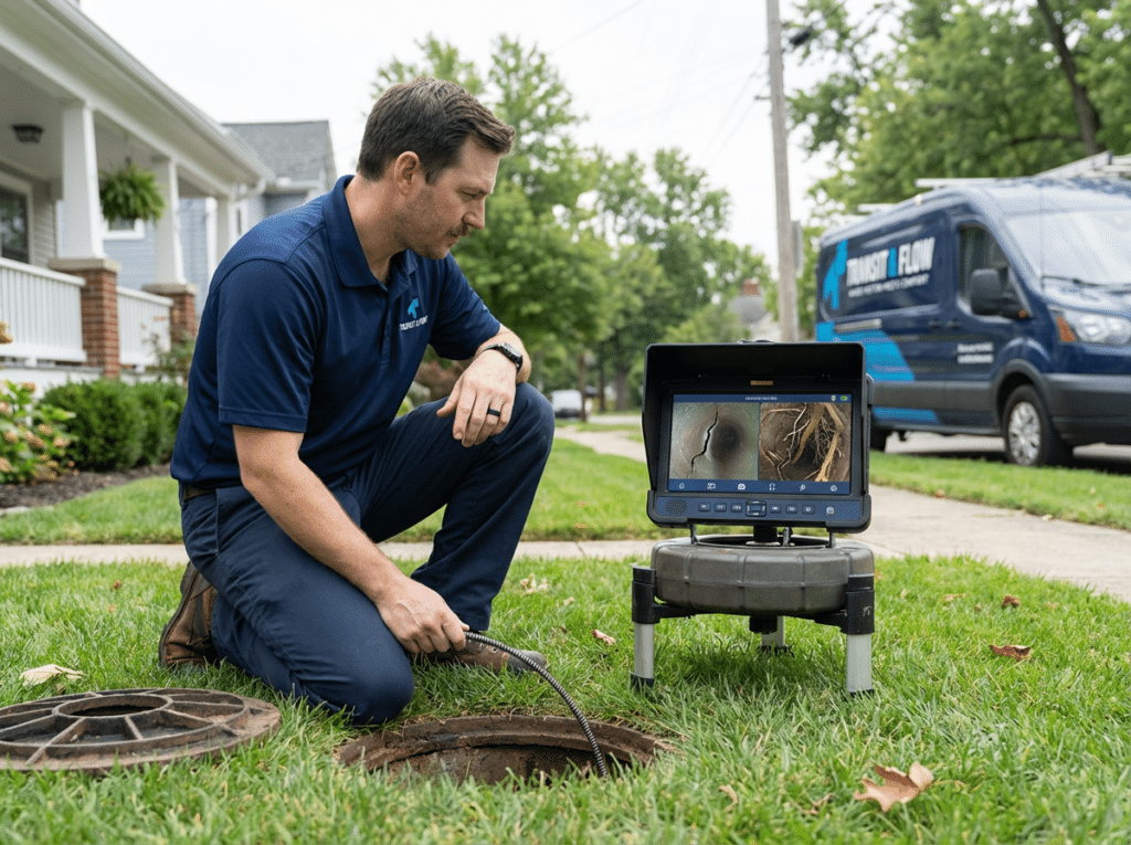 premium yard scene with technician in columbus ohio + sewer camera monitor showing “sewer repair vs sewer replacement” cues.