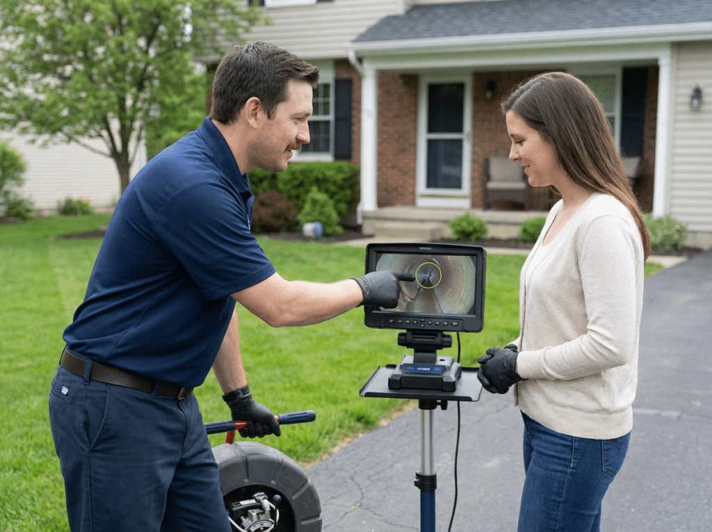 Technician + Homeowner Reviewing The Sewer Camera Monitor Together Outside Columbus, Ohio Home.