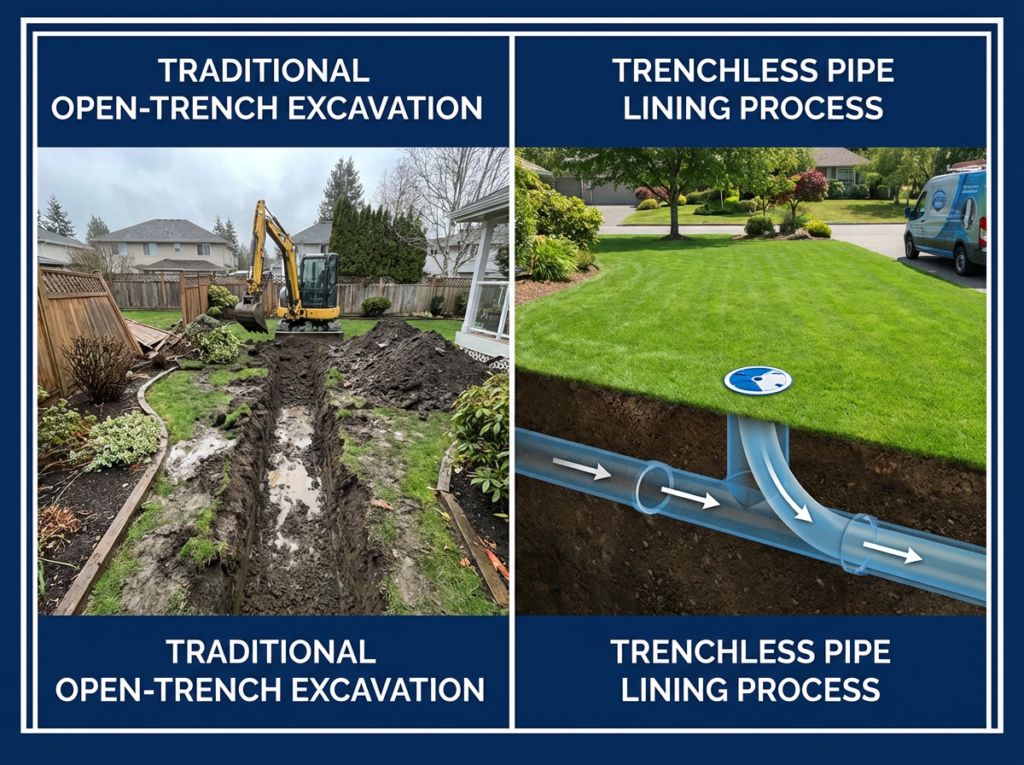 A Split-Screen Graphic Showing A Traditional Open-Trench Sewer Repair On One Side And A Trenchless Pipe Lining Process On The Other. Labels Should Identify Key Steps: Camera Inspection, Liner Insertion, And Cured Pipe Result.