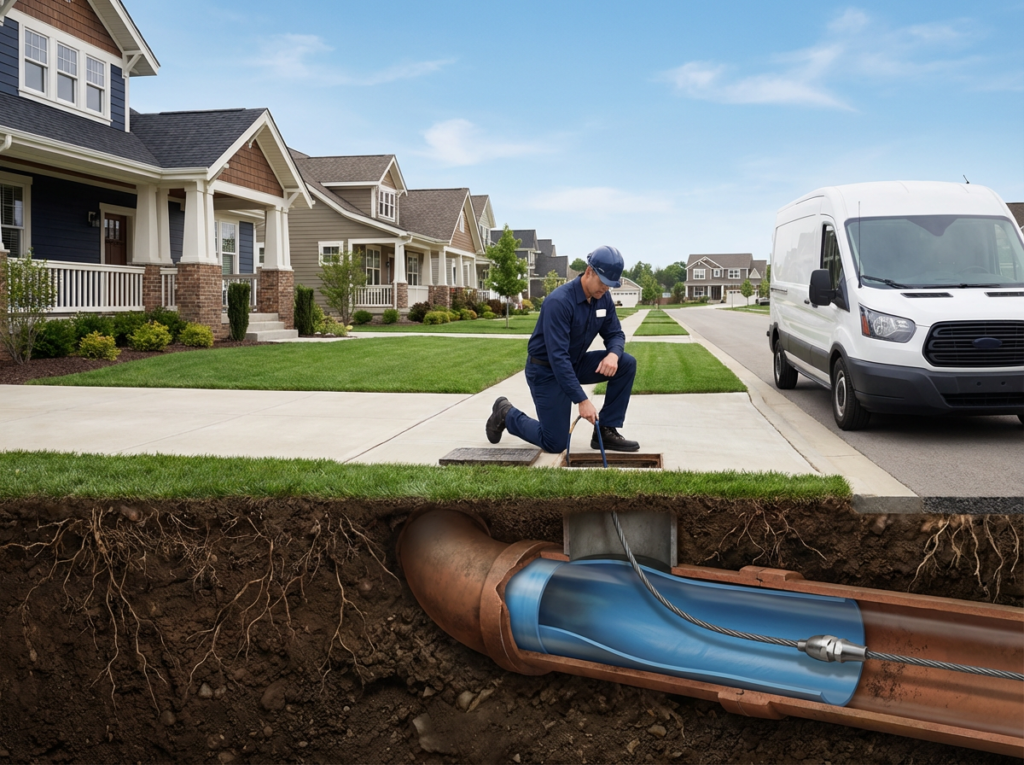 Technician conducting trenchless sewer repair on homeowner's lawn on a sunny day.