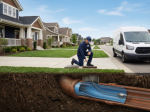 Technician conducting trenchless sewer repair on homeowner's lawn on a sunny day.