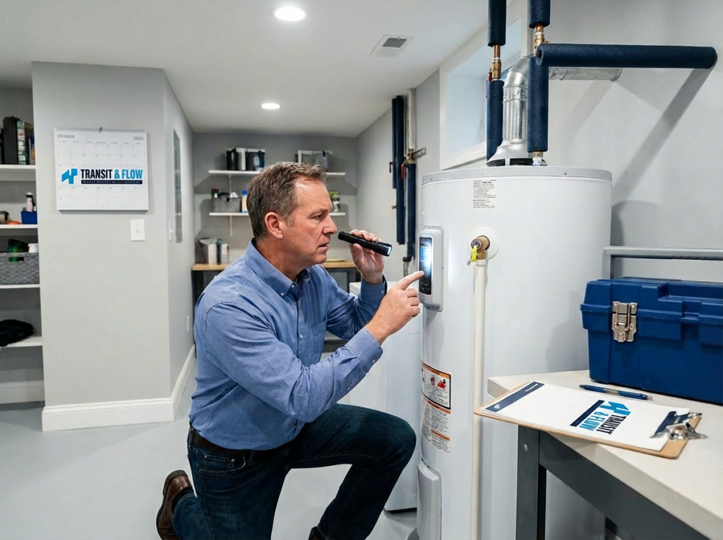 Transit & Flow technician conducting a water heater inspection