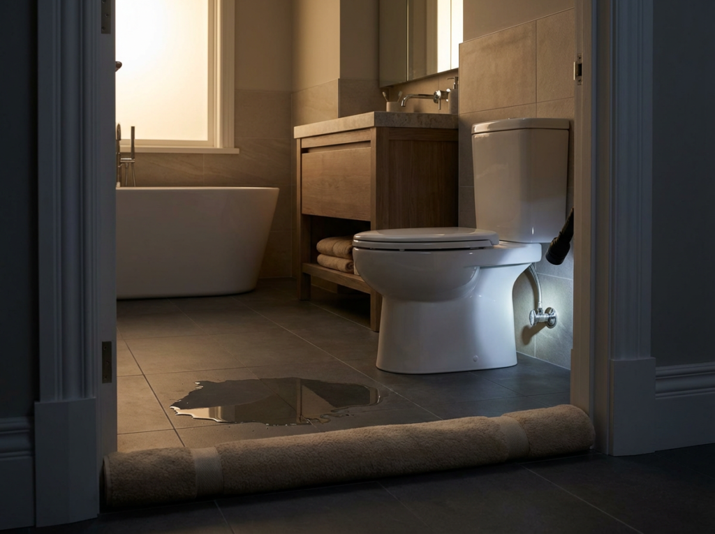 Flooding bathroom floor with water pooling near a toilet at night, towels blocking the doorway, flashlight lighting the shutoff area