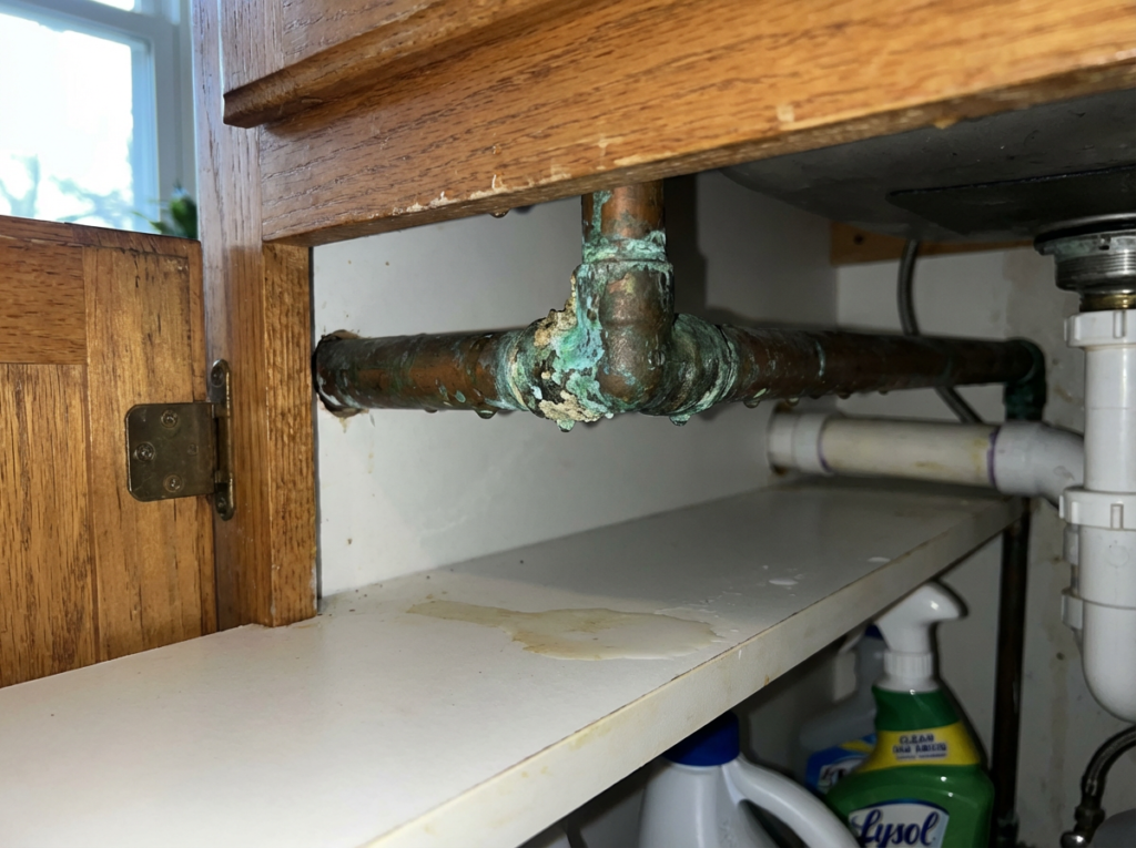 Corroded Pipe Under Sink (Green Buildup At Joint, Light Staining)