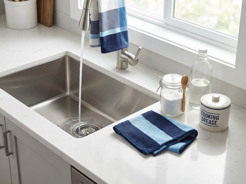 Bright kitchen sink draining smoothly with a sink strainer in place, plus baking soda and vinegar on the counter for a demonstration on how to keep your drains clear without harsh chemicals.