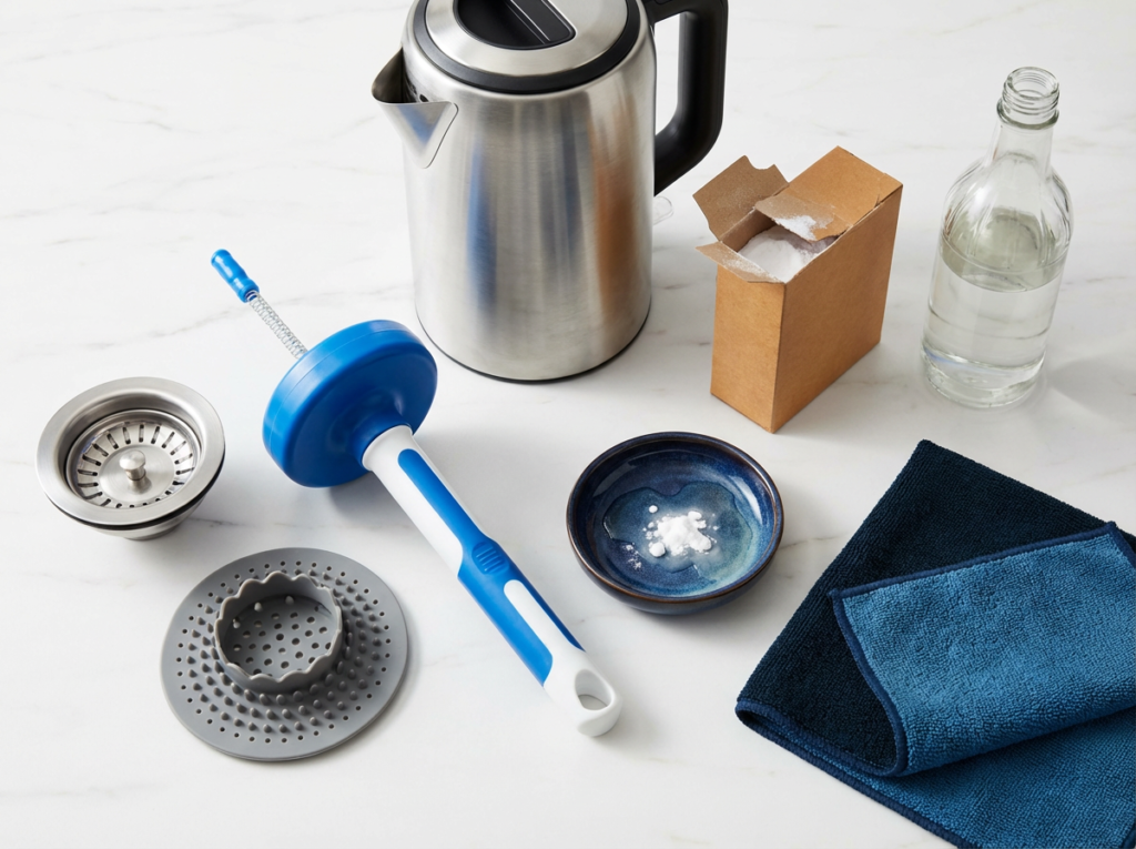 How To Keep Your Drains Clear Without Harsh Chemicals 2 Flat Lay Of Harsh Chemical-Free Drain Care Tools On A White Counter, Including A Sink Strainer, Hair Catcher, Small Hand Drain Snake, Kettle, Baking Soda, And Vinegar.
