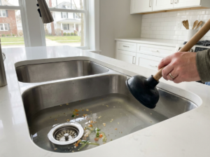 Kitchen sink partially filled with cloudy water near the drain, showing a clog problem in a bright, modern home kitchen.