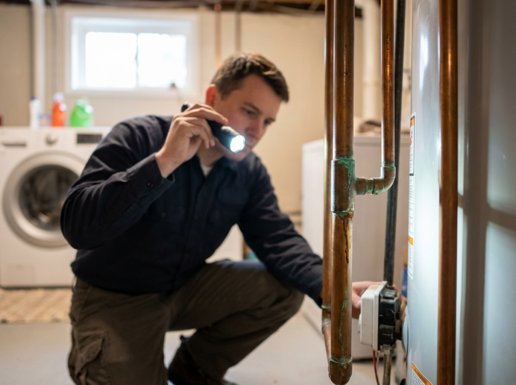 Plumber inspecting copper pipes near a water heater in a Columbus, OH home, checking for early signs of corrosion.