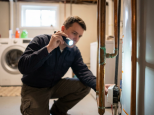 Plumber inspecting copper pipes near a water heater in a Columbus, OH home, checking for early signs of corrosion.