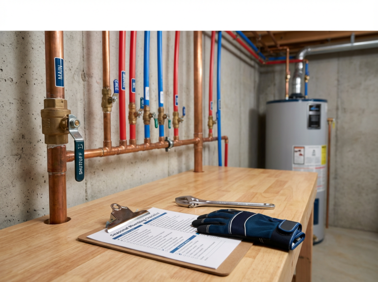 Organized Basement Plumbing Pipes And Main Shutoff Valve With A Seasonal Home Maintenance Checklist In Columbus, Ohio.