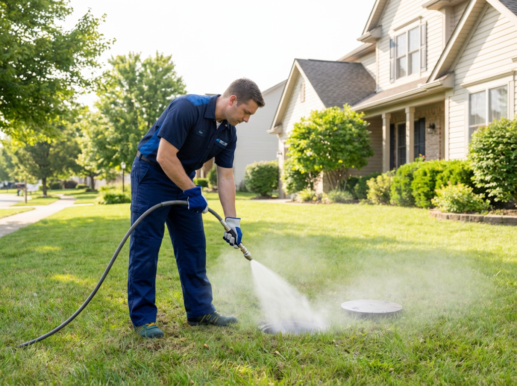 Plumber uses a hydro jetting hose at an outdoor sewer cleanout beside a Columbus, Ohio home.
