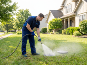 Plumber uses a hydro jetting hose at an outdoor sewer cleanout beside a Columbus, Ohio home.
