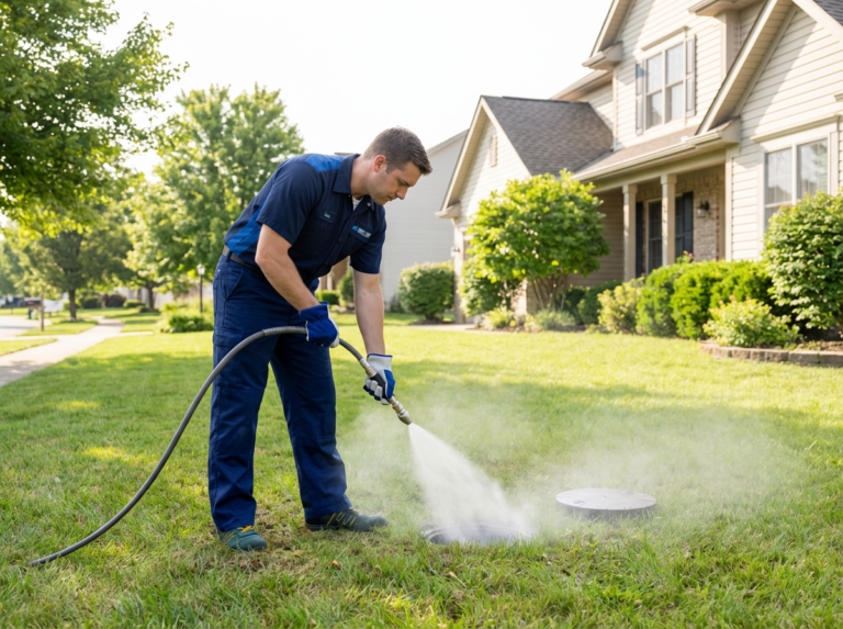 Plumber Uses A Hydro Jetting Hose At An Outdoor Sewer Cleanout Beside A Columbus, Ohio Home.