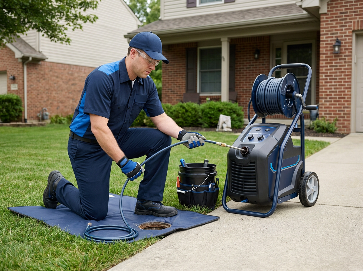 Technician Sets Up A Hydro Jetter Machine On A Driveway, With The Hose Running To A Sewer Cleanout Outside A Home In Columbus, Ohio.