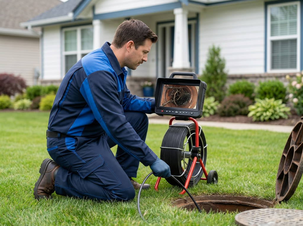 Technician Kneels By An Outdoor Sewer Cleanout And Reviews A Sewer Camera Screen Showing Roots Inside A Pipe In A Residential Yard.
