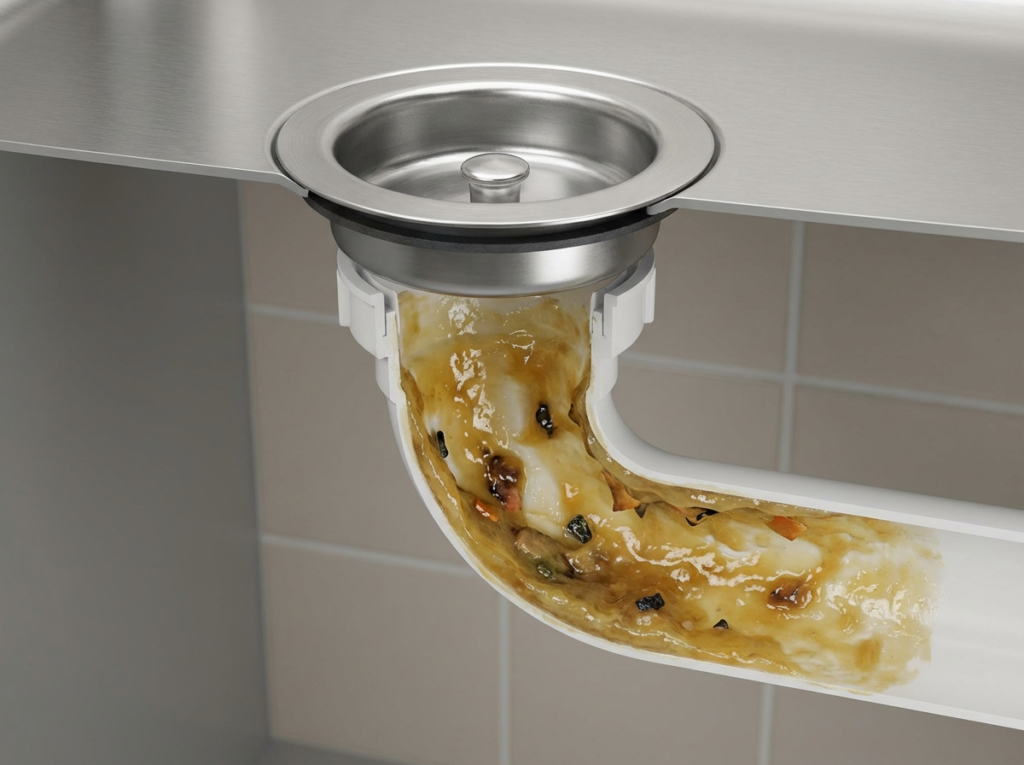 Close-Up Sink Drain With A Cutaway View Of The Pipe Showing Grease Buildup Trapping Food Particles And Narrowing The Drain Line.