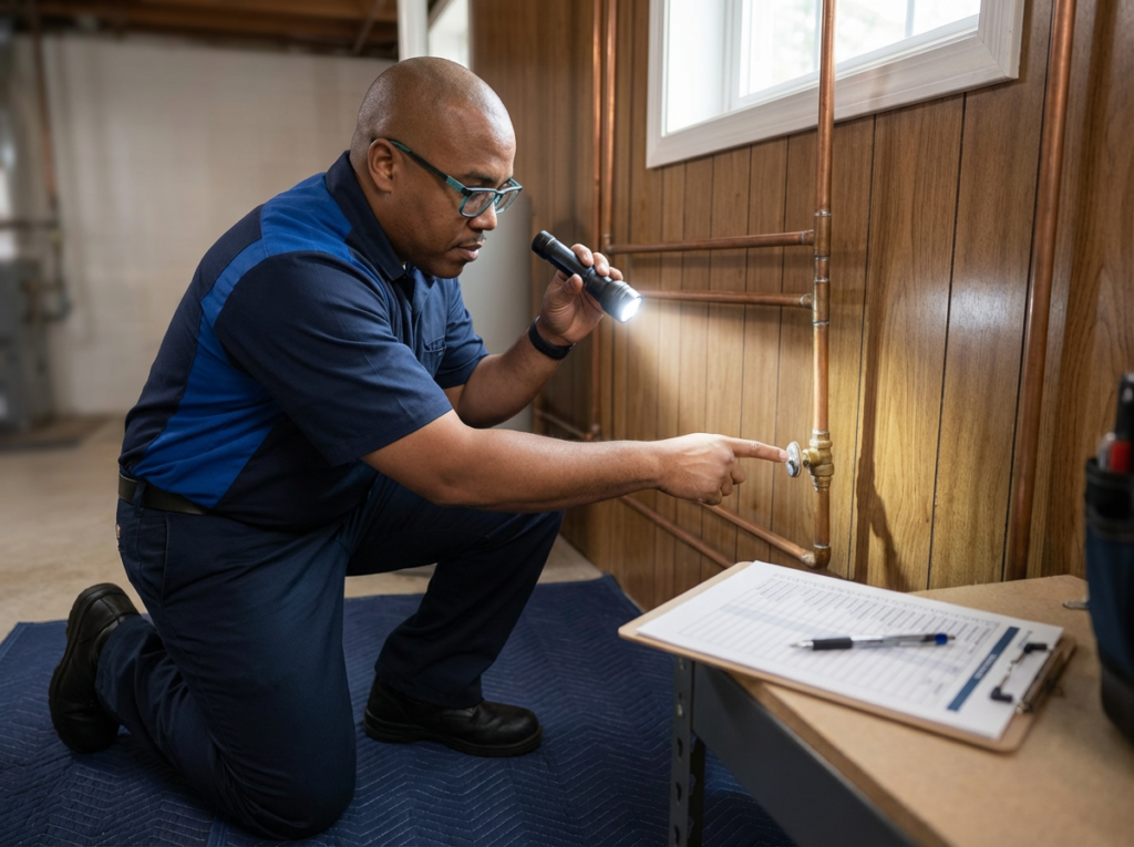 5 Things You Can Do To Protect Your Pipes Year Round 1 Plumber Inspecting Basement Pipes With A Flashlight And Checklist To Help Homeowners Prevent Leaks Year- Round.
