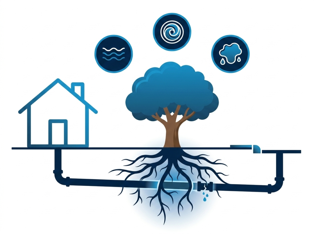  Simple Diagram Of A House, Tree, And Underground Sewer Line Path Highlighting The Root Intrusion Risk Zone And Common Warning Sign Icons.