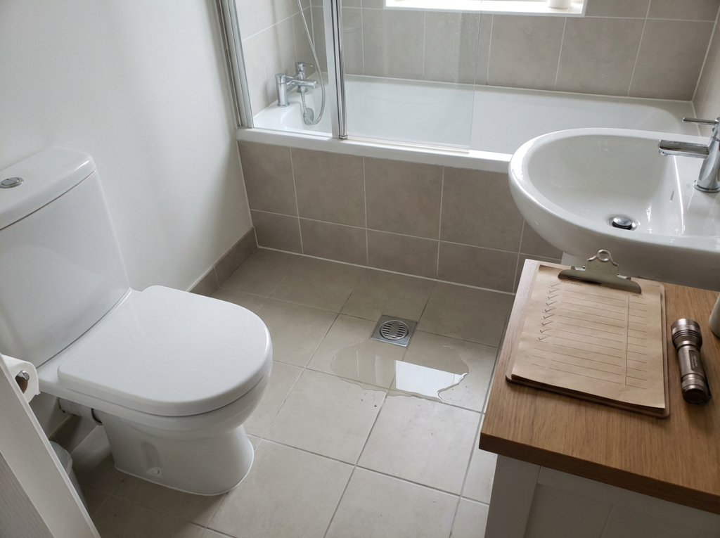 5 Ways To Handle A Flooding Bathroom At 2Am 2 Bathroom With Toilet, Sink, And Tub, A Notepad Checklist On The Counter, And A Flashlight Nearby For Late-Night Inspection