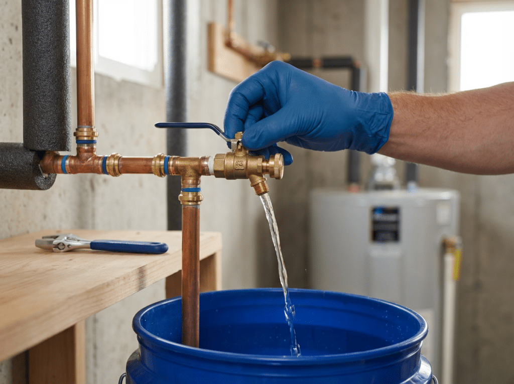 Indoor Shutoff Valve Draining An Outdoor Faucet Line Into A Bucket To Prevent Frozen Pipes In A Columbus, Ohio Basement.