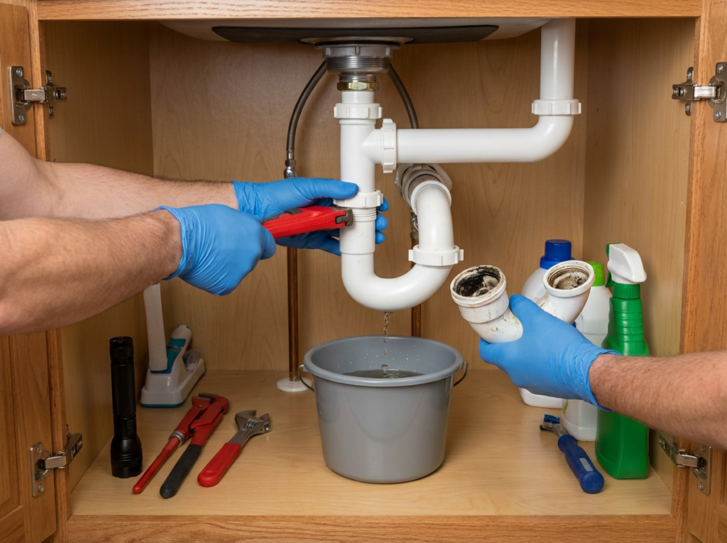 Plumber Wearing Gloves Removes A Pvc P-Trap Under A Kitchen Sink With A Bucket Below, Showing Debris Inside The Trap.