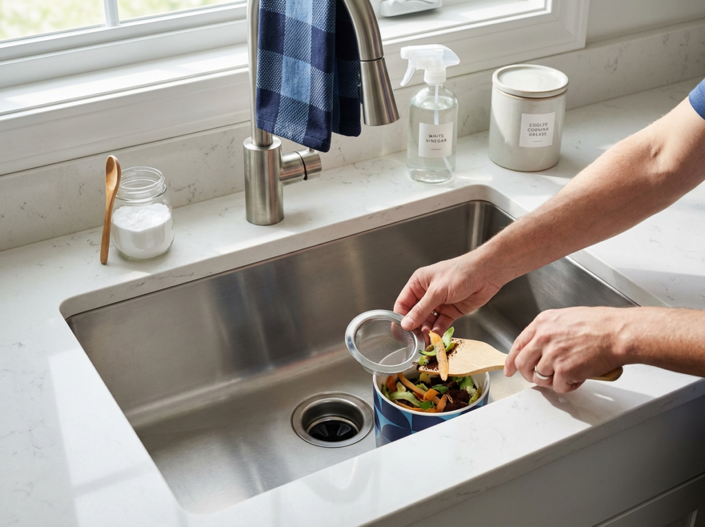 How To Keep Your Drains Clear Without Harsh Chemicals 1 Hands Place A Stainless Sink Strainer In A Kitchen Drain, With Baking Soda, Vinegar, And A Sealed Container Of Cooled Cooking Grease On The Counter.