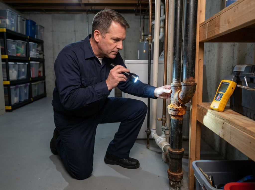 Plumber Inspecting Basement Pipes (Flashlight, Visible Rust Spots, Moisture Meter Nearby)