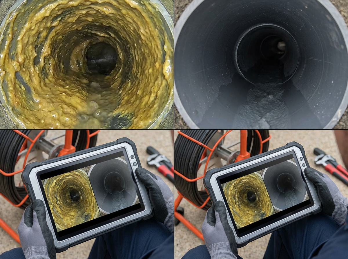 Before And After View Of A Sewer Pipe On A Camera Monitor, Showing Heavy Grease Buildup On The Left And A Clean Pipe After Hydro Jetting On The Right.