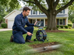 Plumber in a navy uniform uses a sewer camera monitor in a front yard, showing sewer line root intrusion risk near a large tree in Columbus, OH.