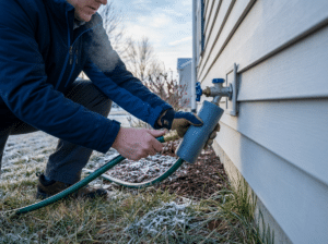 Technician conducting faucet outdoor plumbing winterization at a Columbus, Ohio home, removing a garden hose and adding a foam faucet cover before freezing weather.
