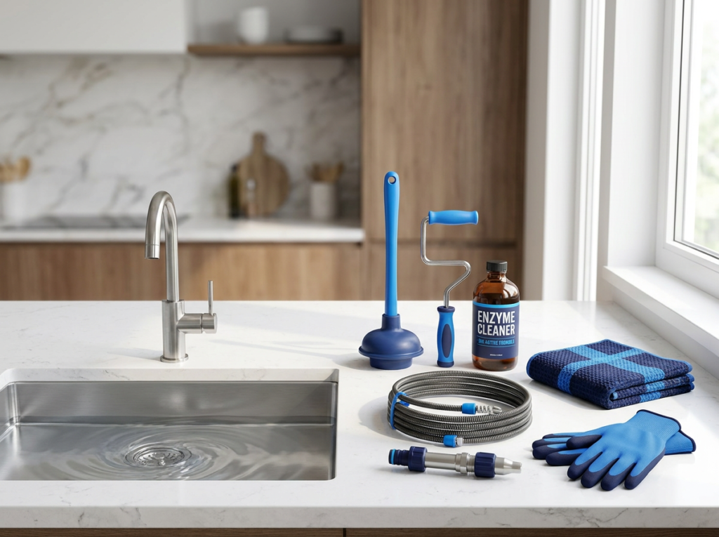 Clean kitchen sink and drain with common drain cleaning tools laid out for a comparison of methods in Columbus, OH