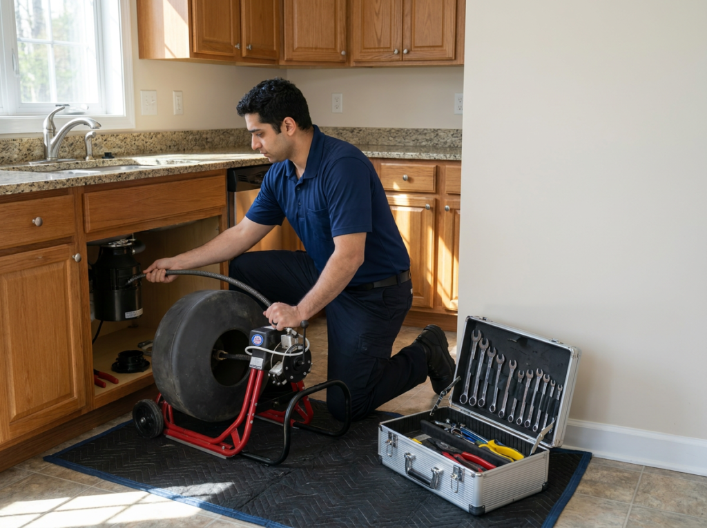 Professional Plumber Using A Motorized Drain Cleaning Machine In A Bright, Tidy Home Kitchen.