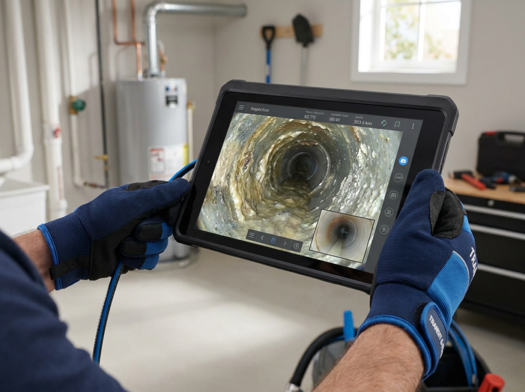 Technician Holding A Sewer Camera Inspection Monitor Showing Pipe Buildup And A Cleaner Section For Comparison.