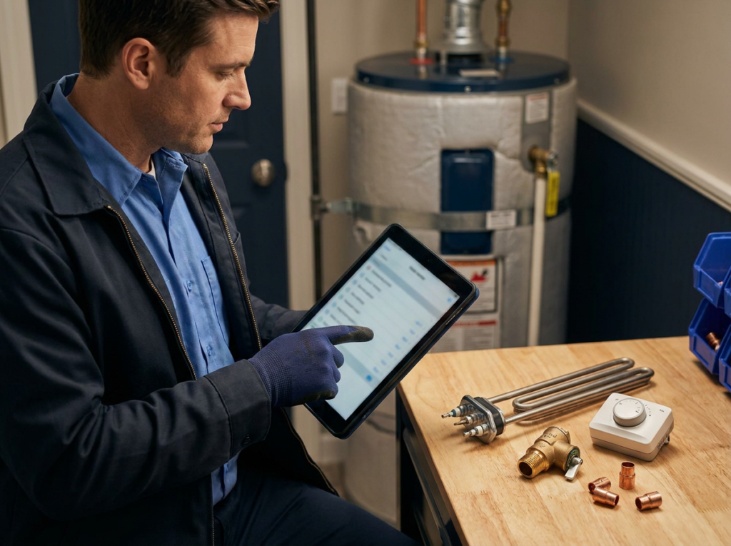 Water Heater Repair Columbus: Diagnosis &Amp; Cost Guide 2 Plumber Holding An Estimate Clipboard Next To Common Water Heater Repair Parts Like A Heating Element, Thermostat, And Relief Valve.