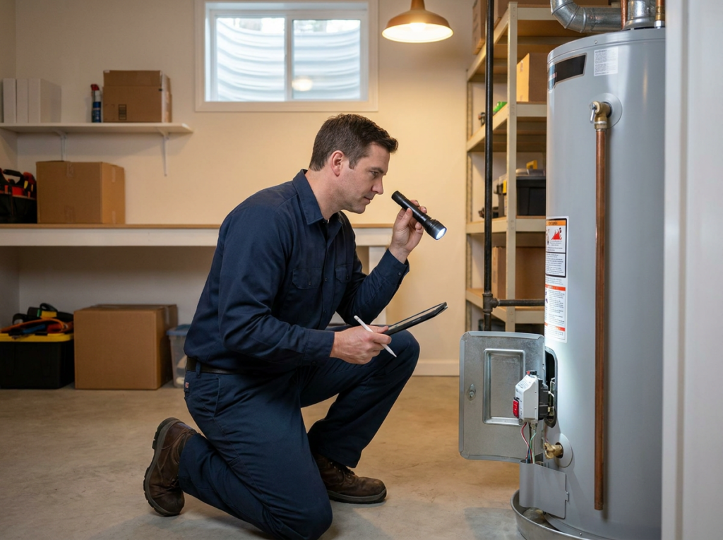Columbus plumber diagnosing a tank water heater in a clean basement utility room using a multimeter and flashlight.