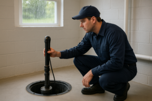 Photorealistic professional plumber in clean navy uniform inspecting a sump pump basin in a well-lit
