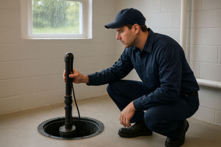 Photorealistic Professional Plumber In Clean Navy Uniform Inspecting A Sump Pump Basin In A Well-Lit